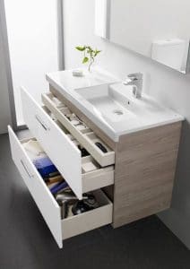 ¡En el baño, instalar un mueble lavabo moderno y ergonómico es práctico para ahorrar espacio!  Pequeños cajones de almacenamiento para guardar artículos de tocador y toallas