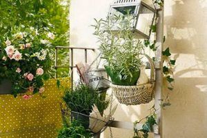 montar un jardín de flores y plantas en un pequeño balcón con una jardinera en una barandilla y una escalera de madera para colgar macetas y jardineras en la pared