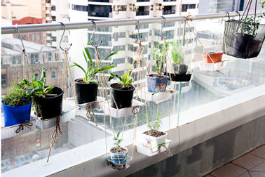 arreglo colgante para flores y plantas aromáticas en un balcón.  Pequeñas suspensiones de plantas hechas con macetas de cultivo y contenedores de recuperación.