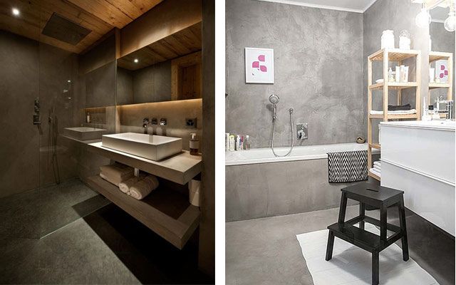 Un suelo de hormigón pulido, una pared y una encimera para un baño elegante y contemporáneo